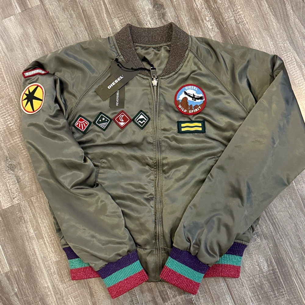 Diesel Olive Bomber Jacket with Colorful Patches
